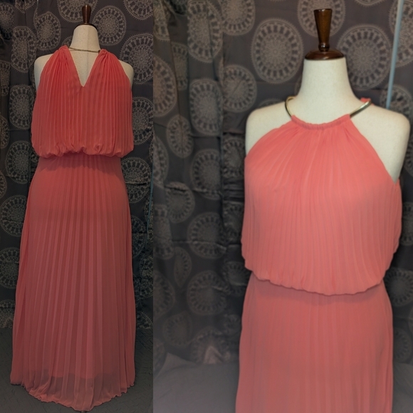 Pleated Coral Halter Maxi Dress - Picture 2 of 6